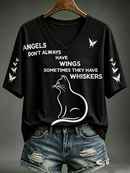 Women's Cat Whiskers Angel Print V-neck Top