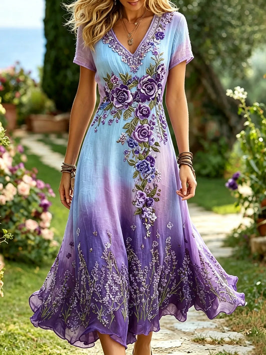 Women's Purple Rose Embroidery Print Alzheimer's Awareness V-neck Midi Dress