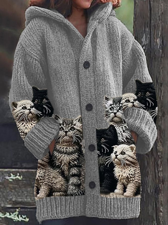Women's Fun Animal Cat Print Hooded Cardigan