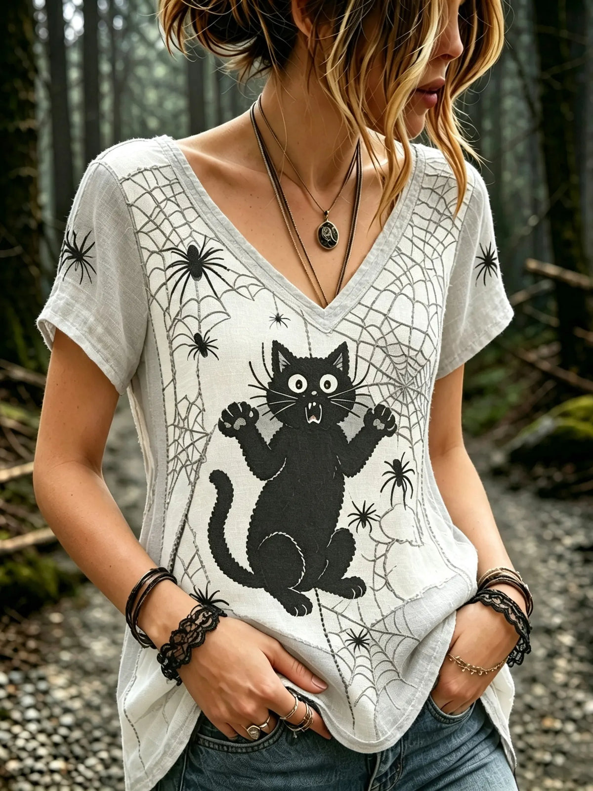 Women's Vintage Shock Spider Black Cat Patchwork Art Short Sleeve T-shirt