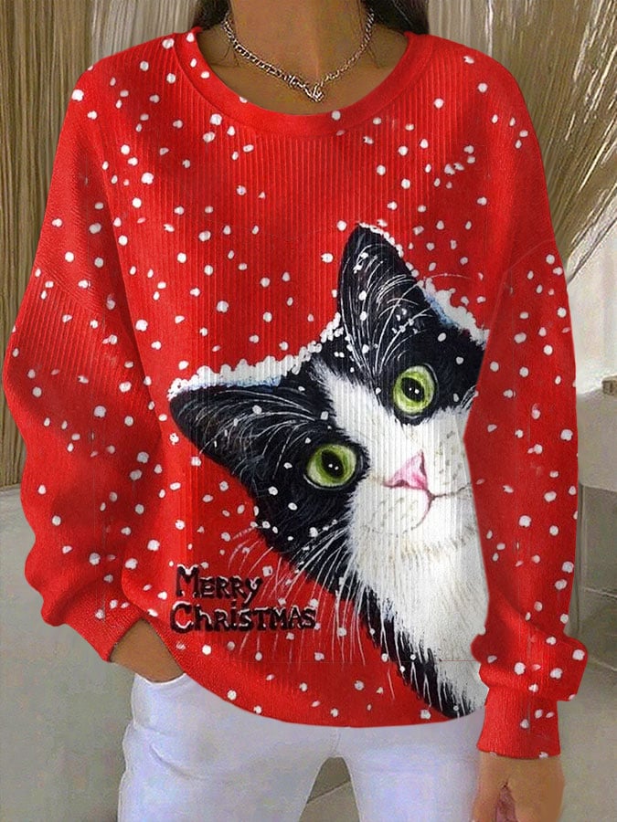 Women's Christmas Cat Print Knit Crew Neck Long Sleeve Top