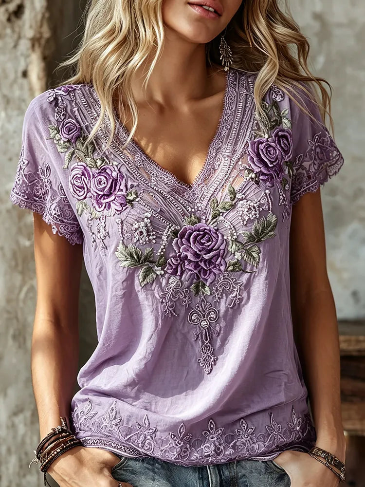 Women's Vintage Purple Rose Embroidery Art Short Sleeve T-shirt
