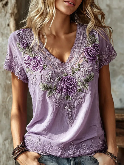 Women's Vintage Purple Rose Embroidery Art Short Sleeve T-shirt