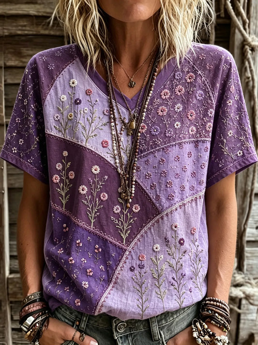 Women's Vintage Classy Purple Floral Patchwork Embroidery Art Short Sleeve Linen T-shirt