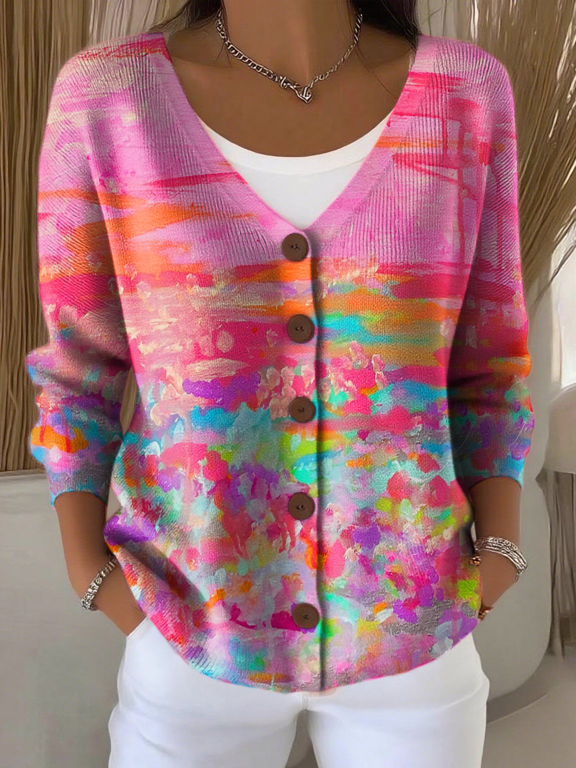 Women's Casual Pink Oil Painting Cardigan