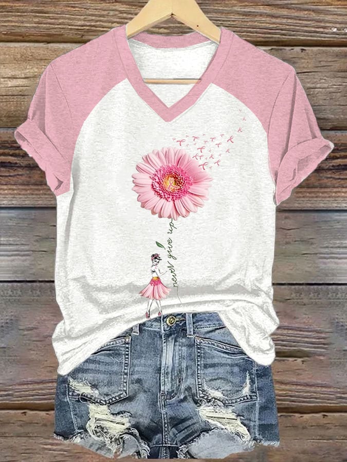 Women's Never Give Up Breast Cancer Print Casual T-Shirt