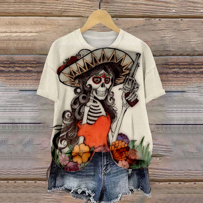 Mexican La Catrina Day Of The Dead Art Pattern Print Cotton Graphic T-Shirt