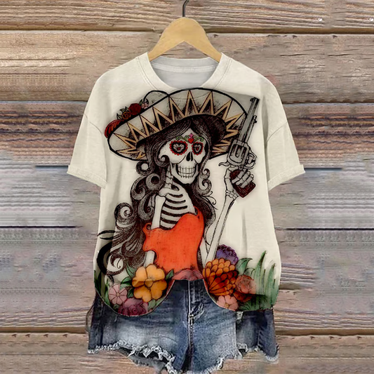 Mexican La Catrina Day Of The Dead Art Pattern Print Cotton Graphic T-Shirt