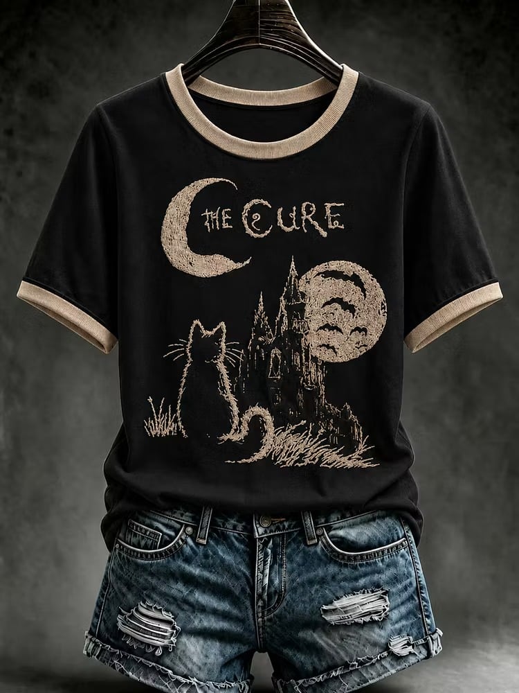 Women's Cat and Moon Gothic Castle Print Casual T-Shirt