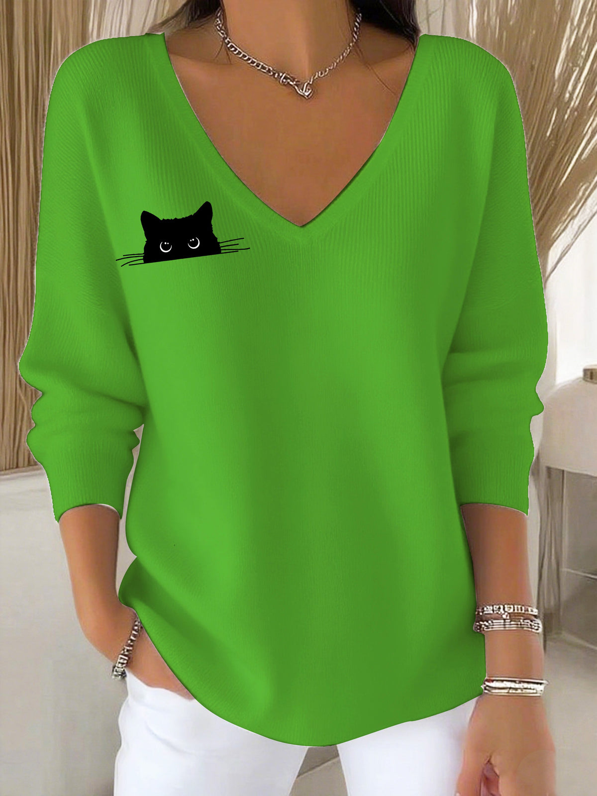 Women's Autumn Cute Black Cat Print Casual Top
