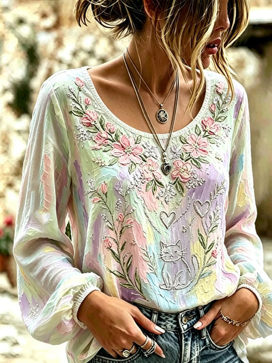 Women's Retro Floral Print Long-Sleeved Top