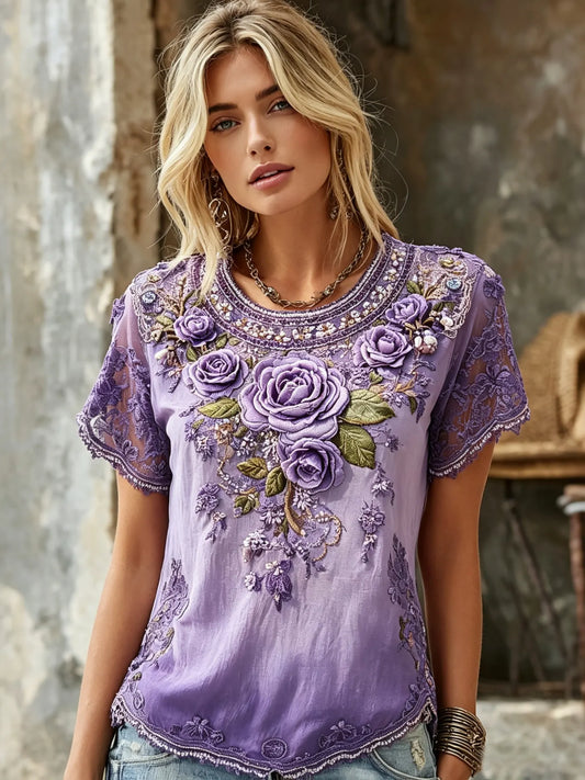 Women's Vintage Rose Embroidery Art Crew Neck Short Sleeve Linen Blend T-shirt