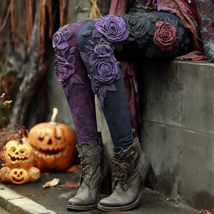 Vintage Halloween Black And Purple Rose Art Stitched Cozy Leggings