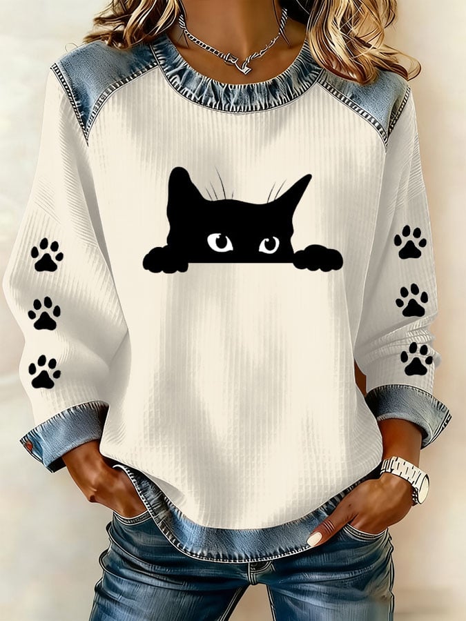 Women's Cute Black Cat Print T-shirt