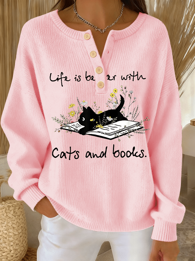 Women's Cute Cat Print Knit Button Top