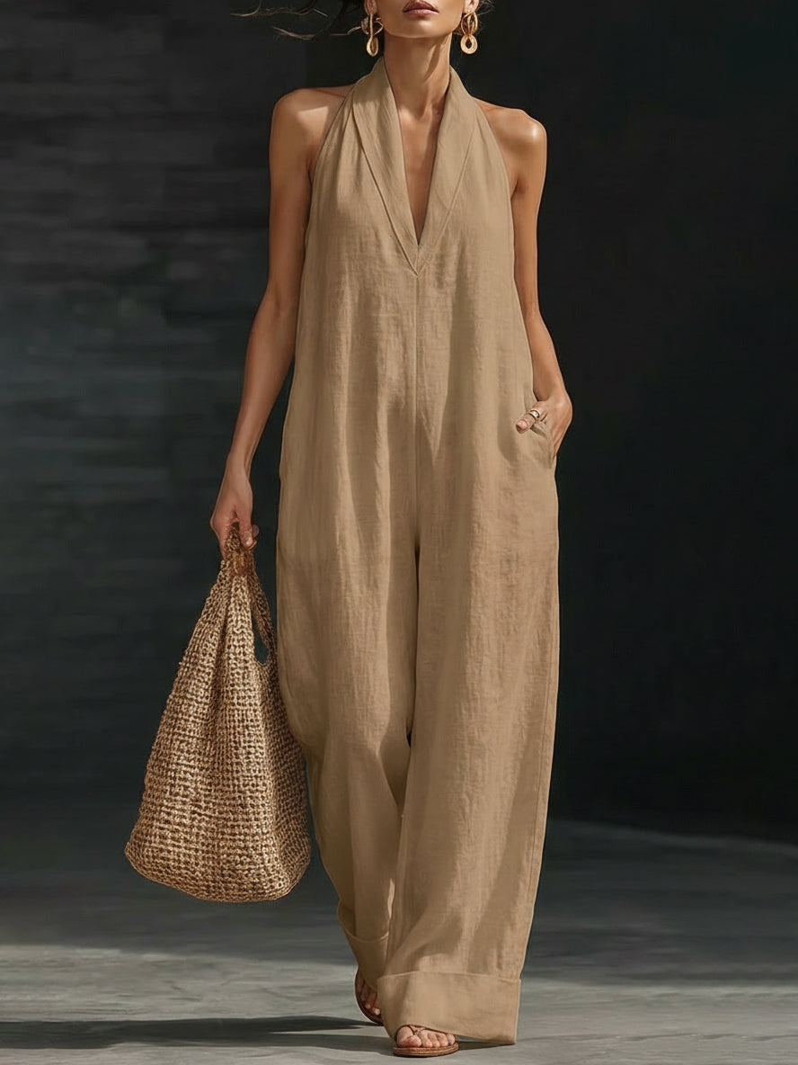 🌿 Linen Cotton Halter Jumpsuit