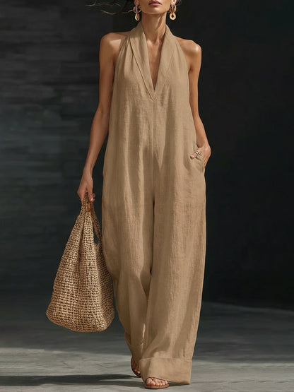 🌿 Linen Cotton Halter Jumpsuit