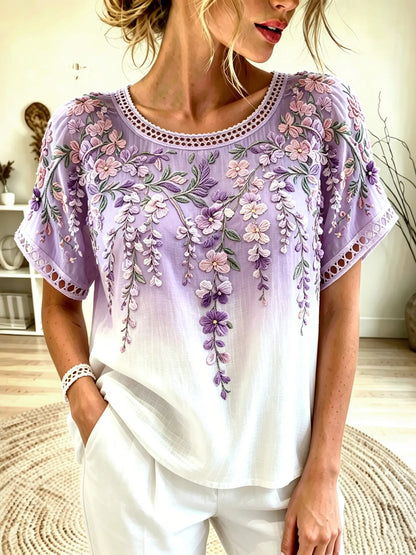 Women's Retro Wisteria Orchid Embroidery Cotton Linen Casual Round Neck T-shirt