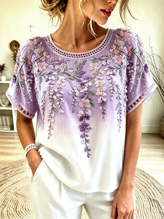 Women's Retro Wisteria Orchid Embroidery Cotton Linen Casual Round Neck T-shirt