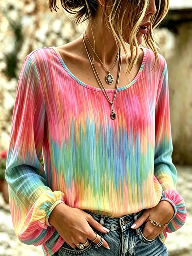 Women's Pink Gradient Print Cotton-Linen Shirt