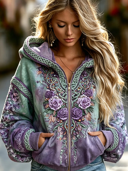 Women's Vintage Celtic Knot Floral Gradient Art Comfy Zipper Hoodie