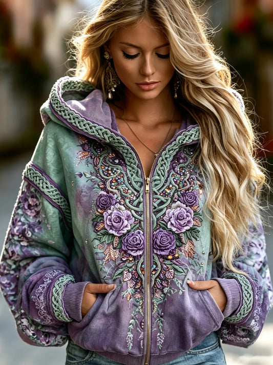 Women's Vintage Celtic Knot Floral Gradient Art Comfy Zipper Hoodie