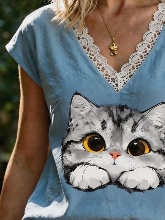 Lace Trim V Neck Cute Cat Graphic Cap Sleeve Casual Blouse