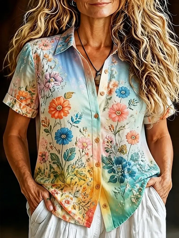 Women's Button-down Short Sleeve Shirt With Gradient Wildflower Print