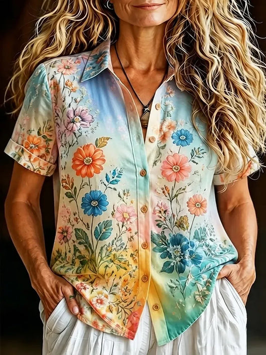 Women's Button-down Short Sleeve Shirt With Gradient Wildflower Print
