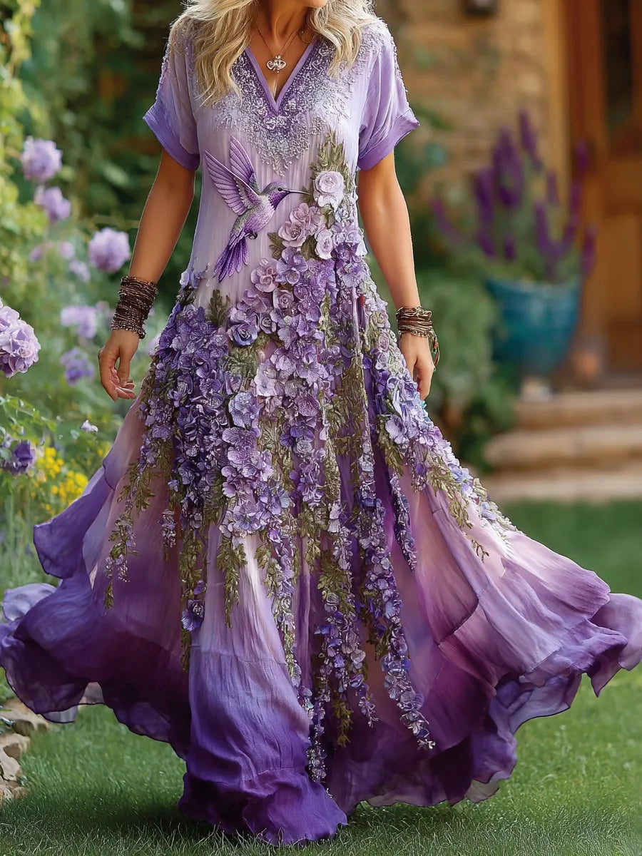 Women's Hydrangea Wisteria Flower Hummingbird Print Alzheimer's Awareness Round Neck Dress