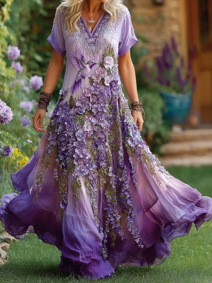 Women's Hydrangea Wisteria Flower Hummingbird Print Alzheimer's Awareness Round Neck Dress
