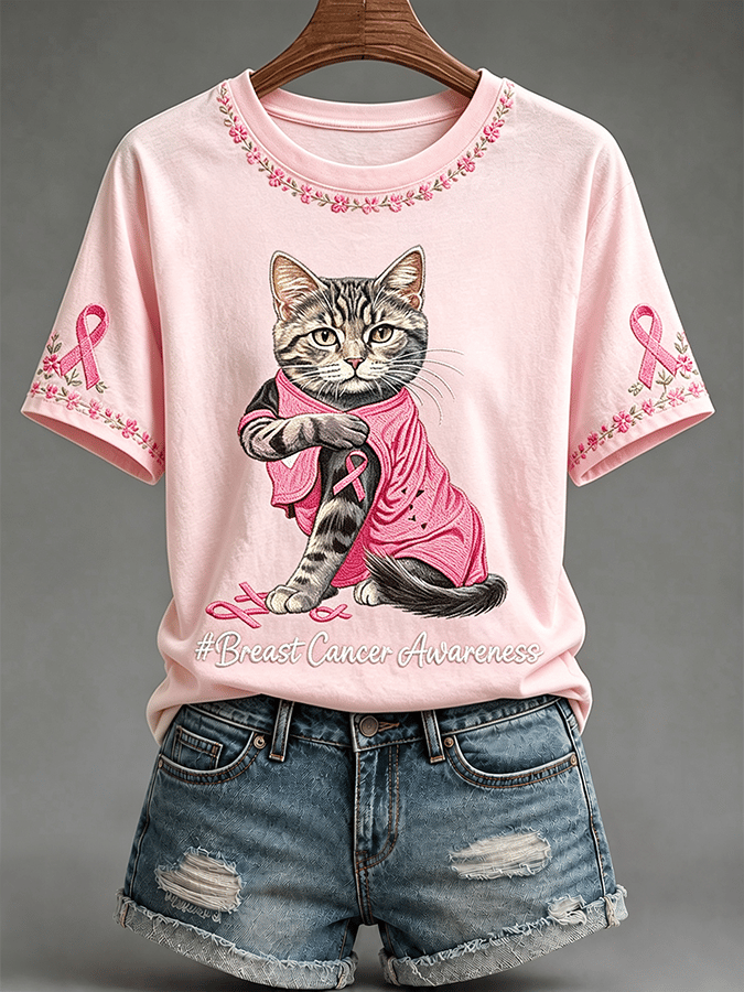 Retro Pink Cat Pattern Casual Short-Sleeved T-Shirt
