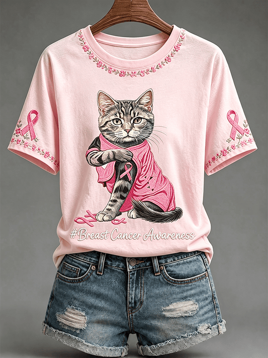 Retro Pink Cat Pattern Casual Short-Sleeved T-Shirt