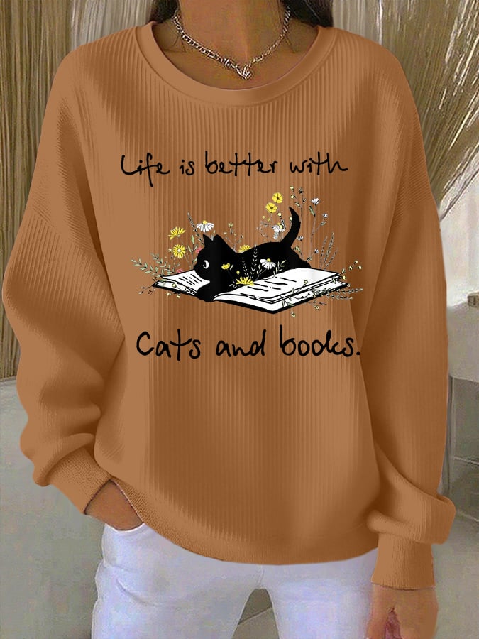 Women's "Life Is Better With Cats And Books." Printed Knit Crew Neck Long Sleeve Top