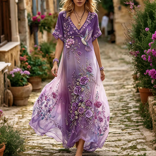 Women's Retro Hummingbird Floral V-neck Cotton Linen Dress