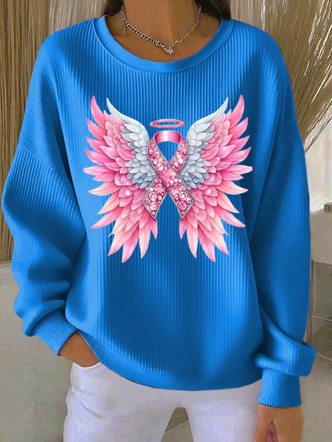 Women's Breast Cancer Awareness Print Knit Crew Neck Long Sleeve Top