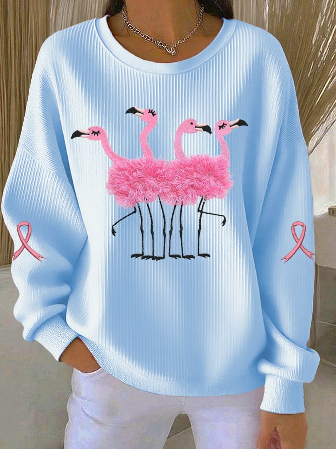 Women's Breast Cancer Print Knit Crew Neck Long Sleeve Top