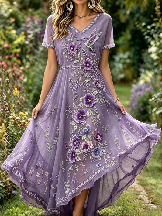 Women's Vintage Purple Floral And Hummingbird Embroidered Art Linen Casual V Neck Maxi Dress
