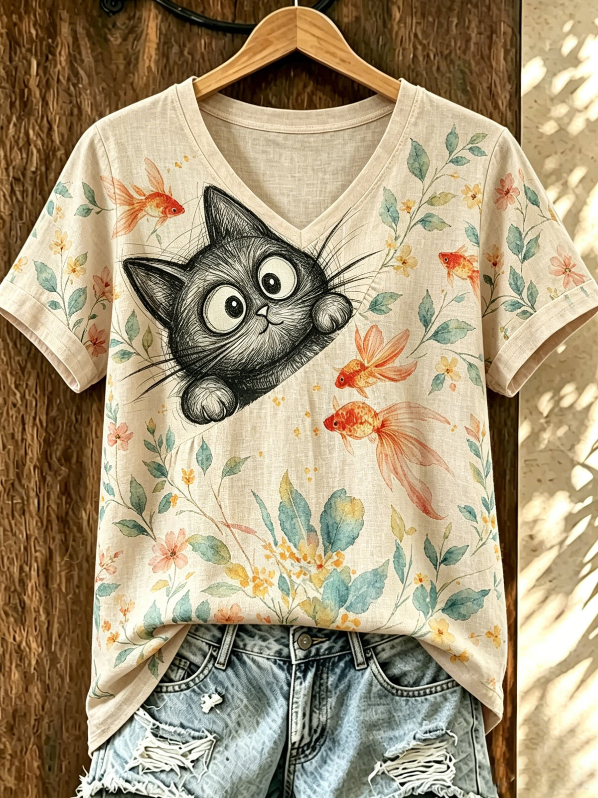 Women's Cat-Print V-Neck Top