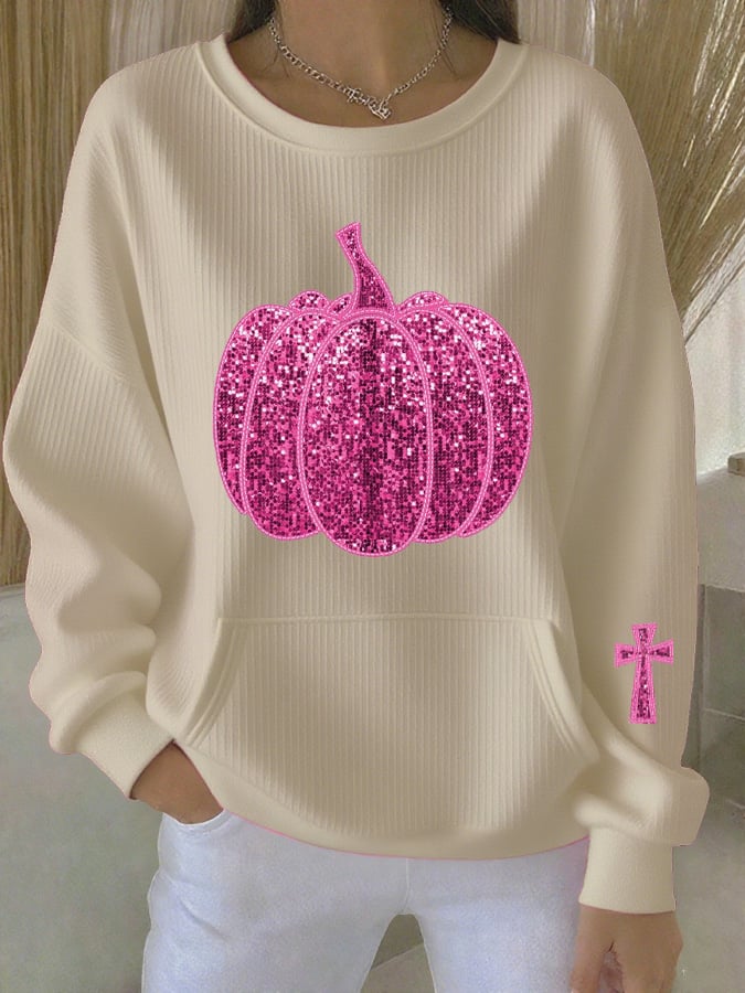 Women's Fall Breast Cancer Awareness Sequined Pumpkin Print Casual Crew Neck Sweatshirt