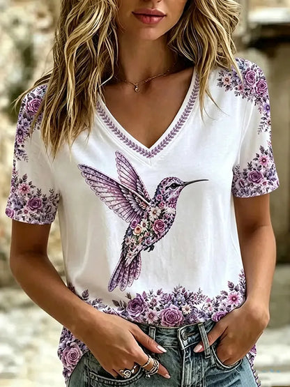 Women's Retro Purple Floral And Hummingbird Embroidered Casual T-shirt