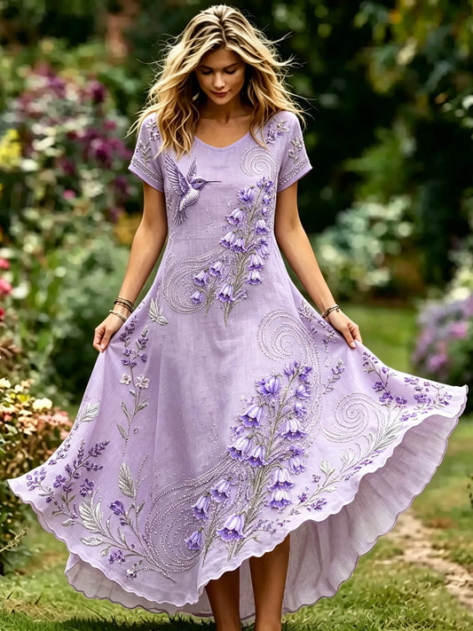 Women's Vintage Purple Floral And Hummingbird Pattern Linen Blend Casual Maxi Dress
