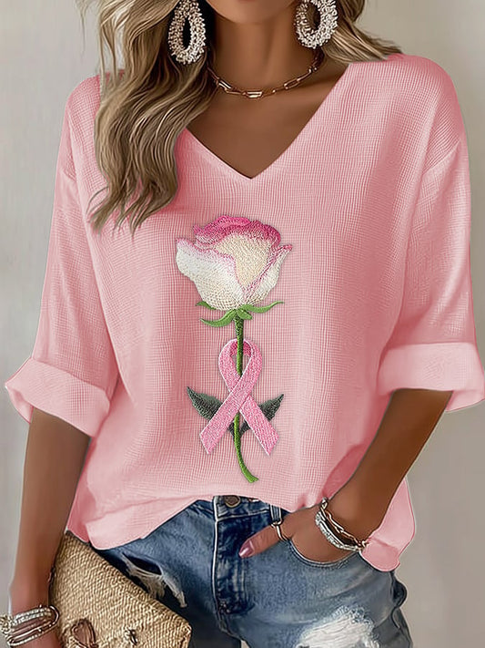 Women's pink embroidered floral print waffle T-shirt