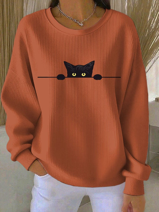 Women's Cat Print Knit Crew Neck Long Sleeve Top
