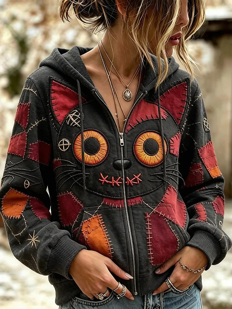 Women's Halloween Gothic Vintage Stitched Cat Monster Patchwork Art Comfy Zipper Hoodie