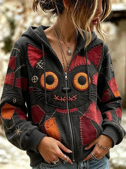 Women's Halloween Gothic Vintage Stitched Cat Monster Patchwork Art Comfy Zipper Hoodie