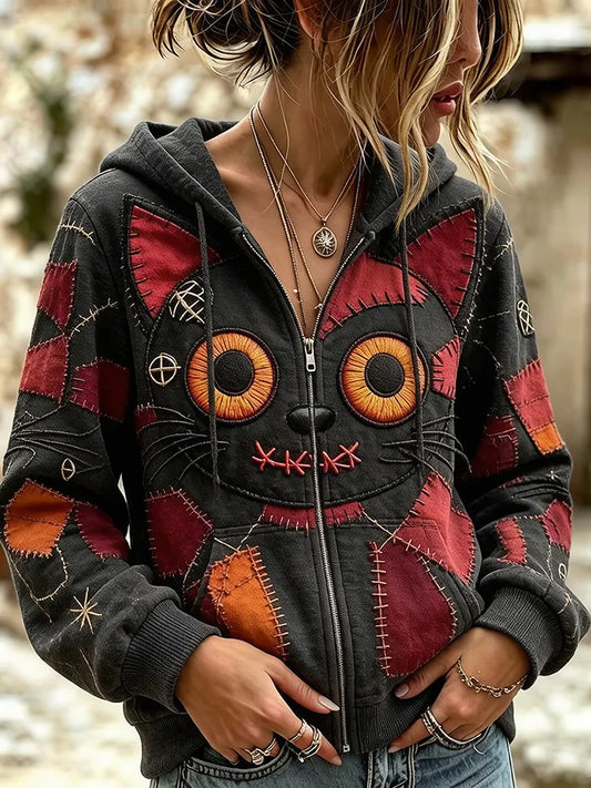 Women's Halloween Gothic Vintage Stitched Cat Monster Patchwork Art Comfy Zipper Hoodie