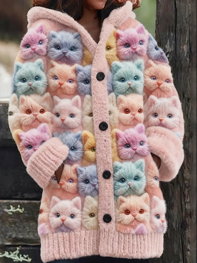 Women's Animal  Fun Cat Print Flannel Warm Jacket