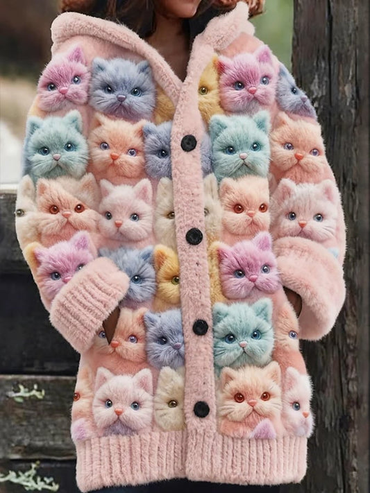 Women's Animal  Fun Cat Print Flannel Warm Jacket