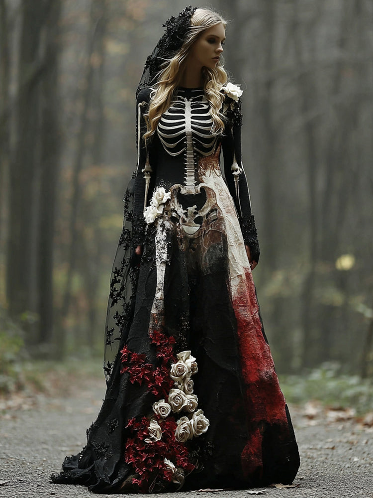 Halloween Skeleton Bones With Rose Art Linen Maxi Dress